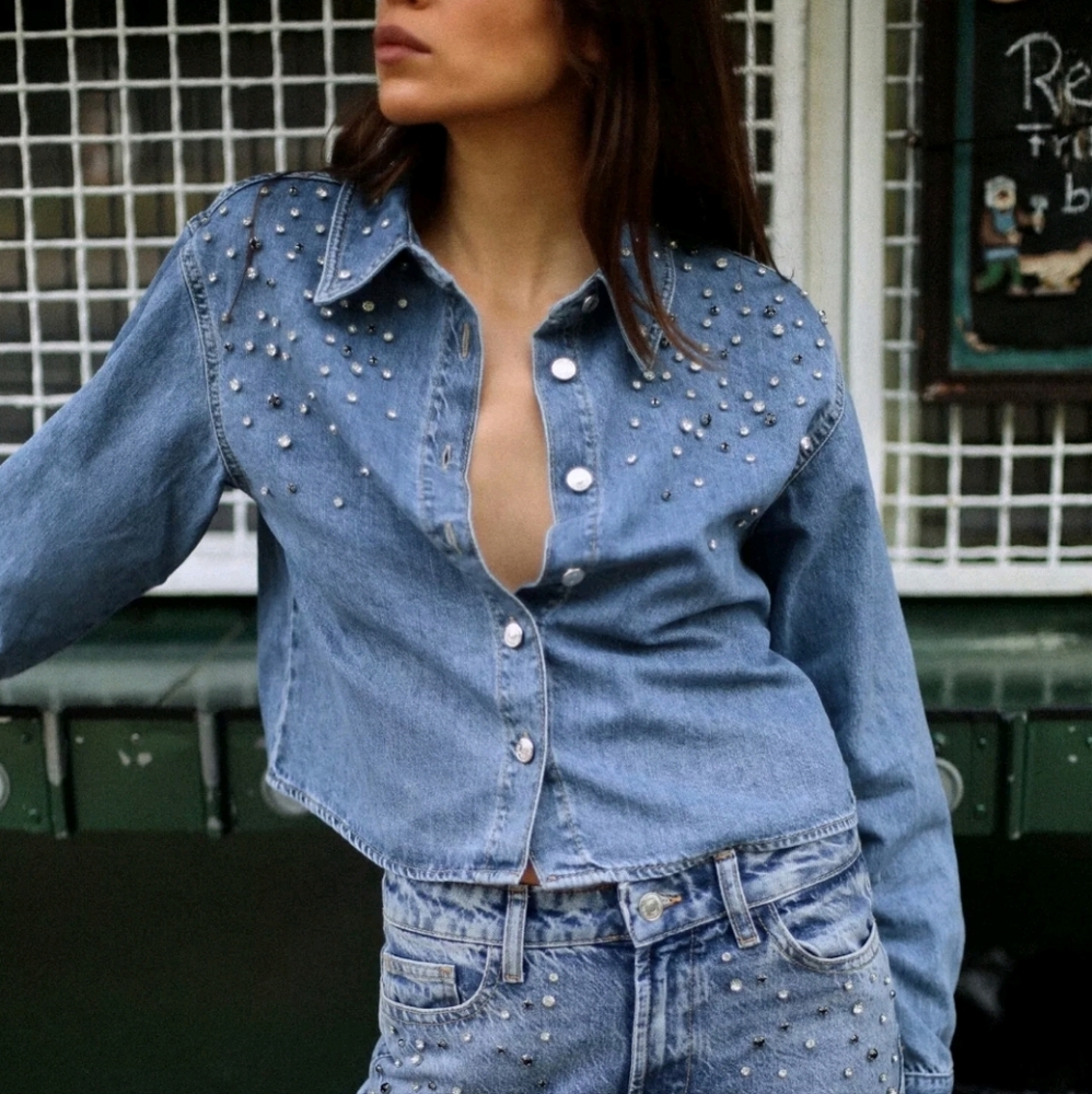 NWT Zara Jewel Bead Appliques Denim Button Up Crop Western Top Size XS